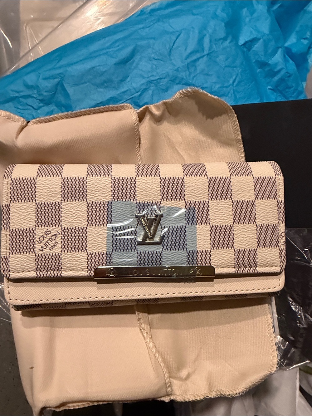 Check Canvas Fold Wallet in Beige with Light Blue Accent